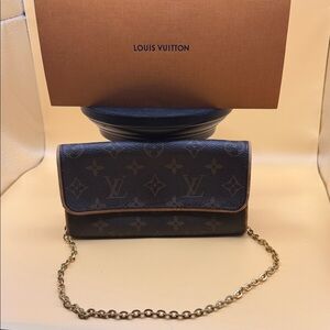 Louis Vuitton Dark Brown Monogram Clutch with Gold Chain